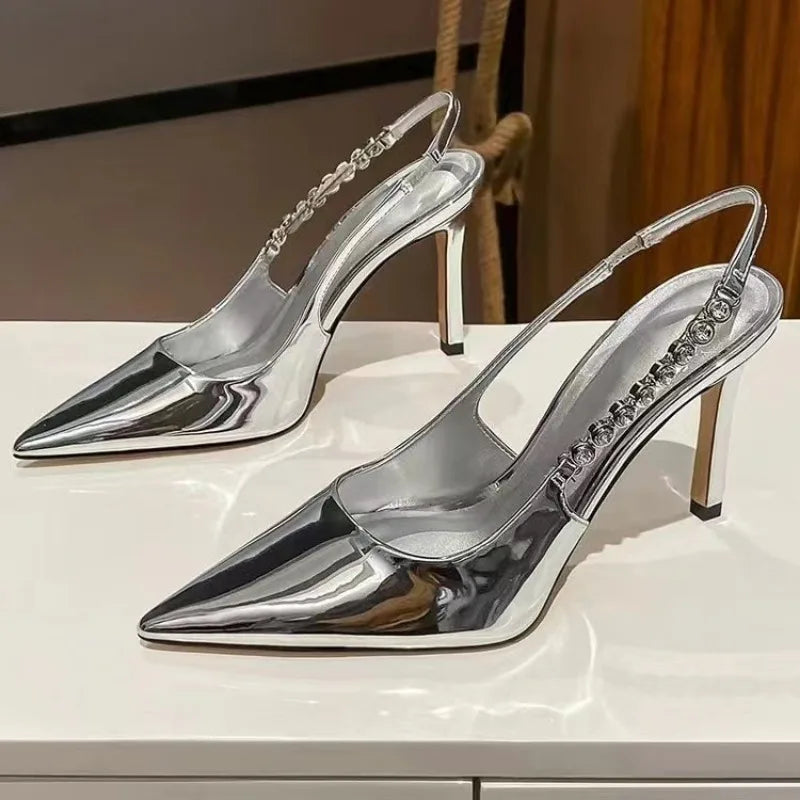 Crystal High Heels Sling Back Pointy Toe Silver Pumps Fashion Luxury Women Shoes Elegant Footwear Milanni Fashion