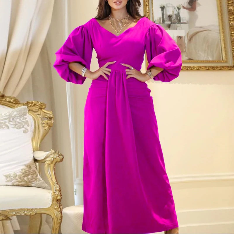 Women's Deep V High Waisted Long Dress Fashion Lantern Sleeves Pleated Office Dress Elegant Style Milanni Fashion Pink L