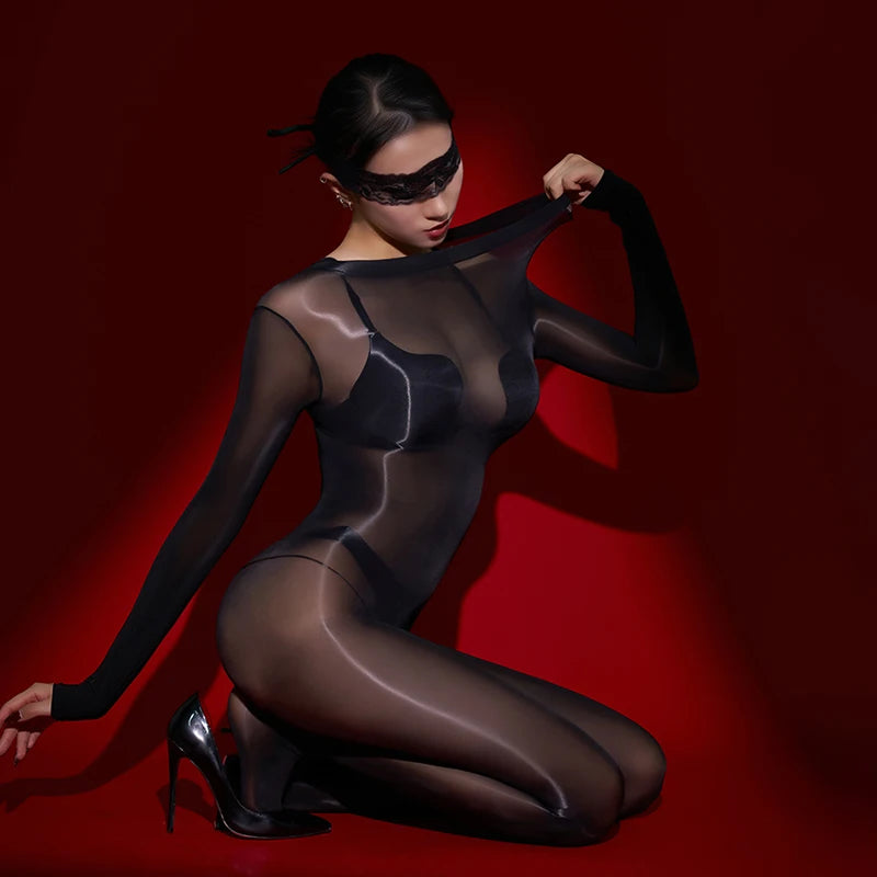 Shiny Glossy Full-Body Jumpsuit Long Sleeve Transparent Bodysuit with Open Crotch for Women Fashion Party Milanni Fashion