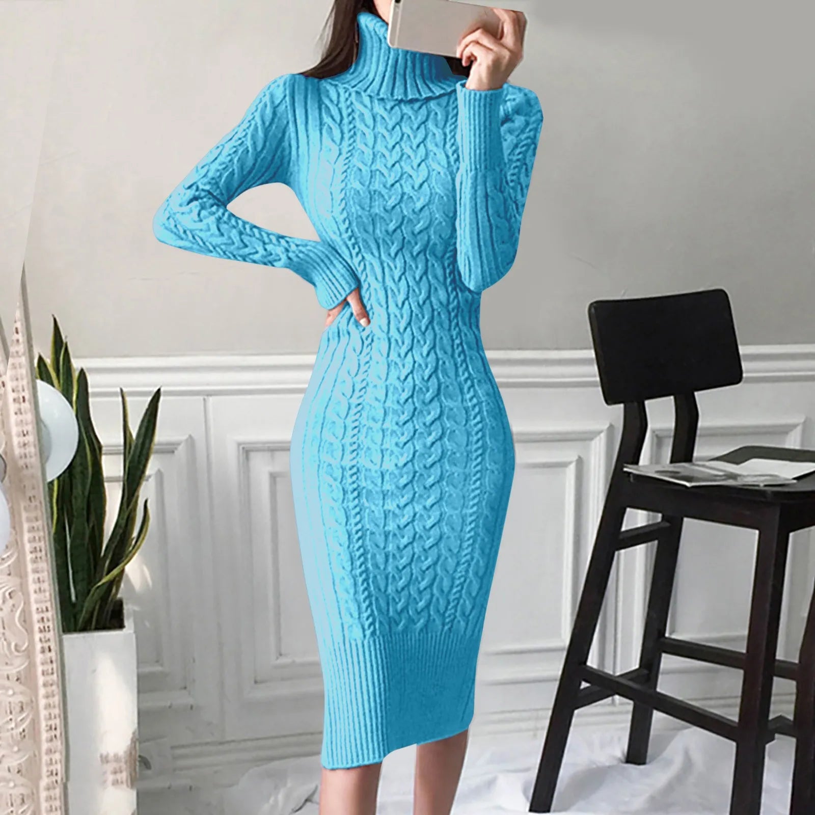 Knitted Dress Turtleneck Long Sleeve Slim and Slim Mid-length Over-the-knee Dress Midi Dress Milanni Fashion Blue L CN