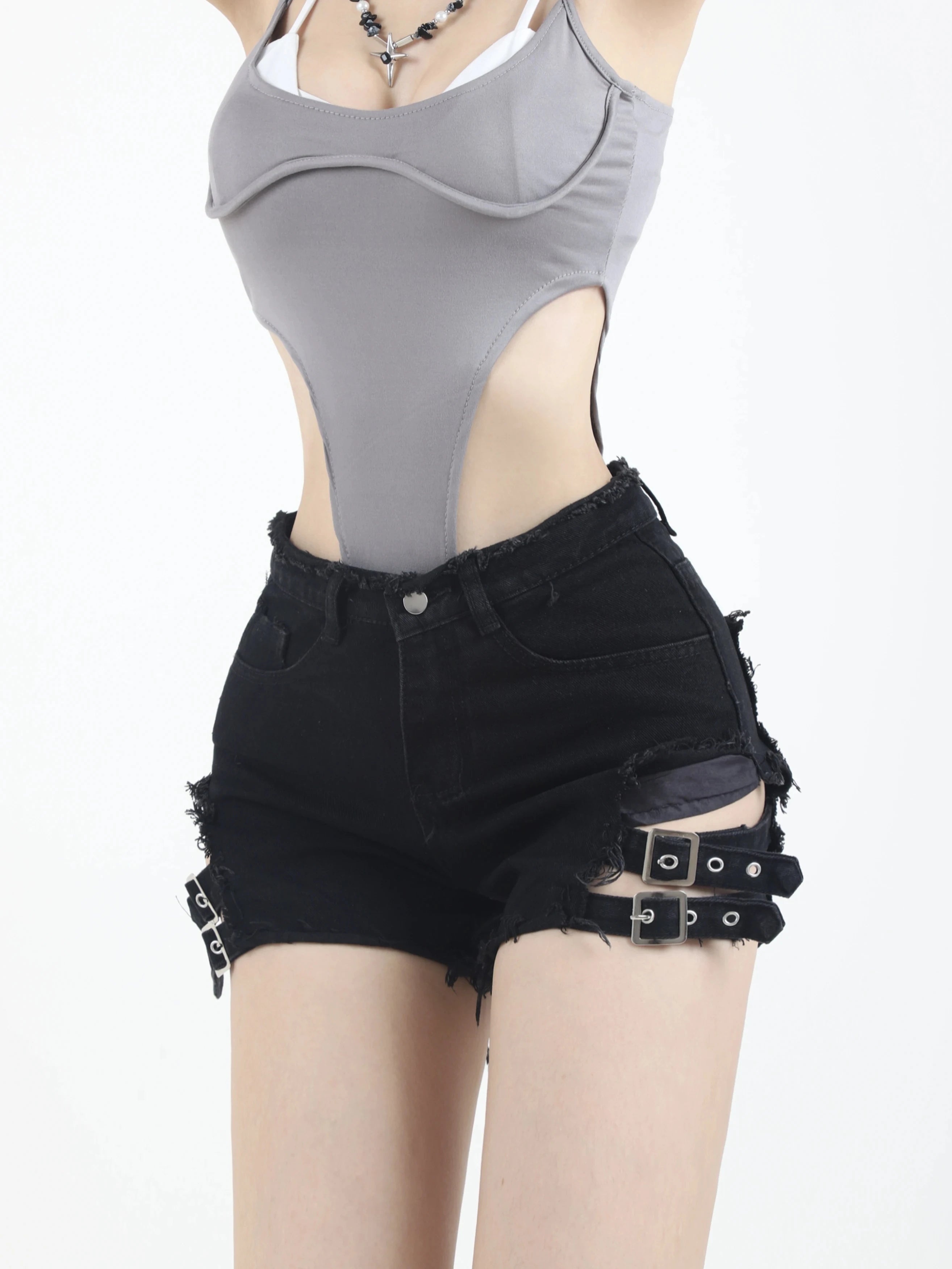 High Waisted Irregular Denim Shorts Goth Rock Sexy Women Shorts Slimming Versatile Casual Wear Milanni Fashion Black XL