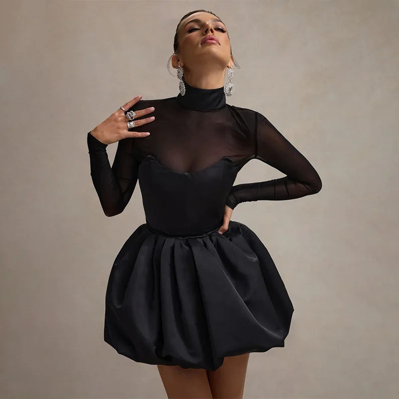 Black Mesh Sexy Mini Dress High Waisted Sheer Long Sleeve Patchwork A-Line Dress for Women Party Outfit Milanni Fashion