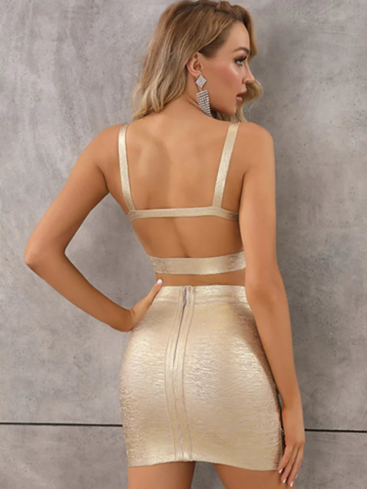 Sexy V-Neck Pink Gold Bandage 2-Piece Set Celebrity Bodycon Skirt Suit for Women  Milanni Fashion   