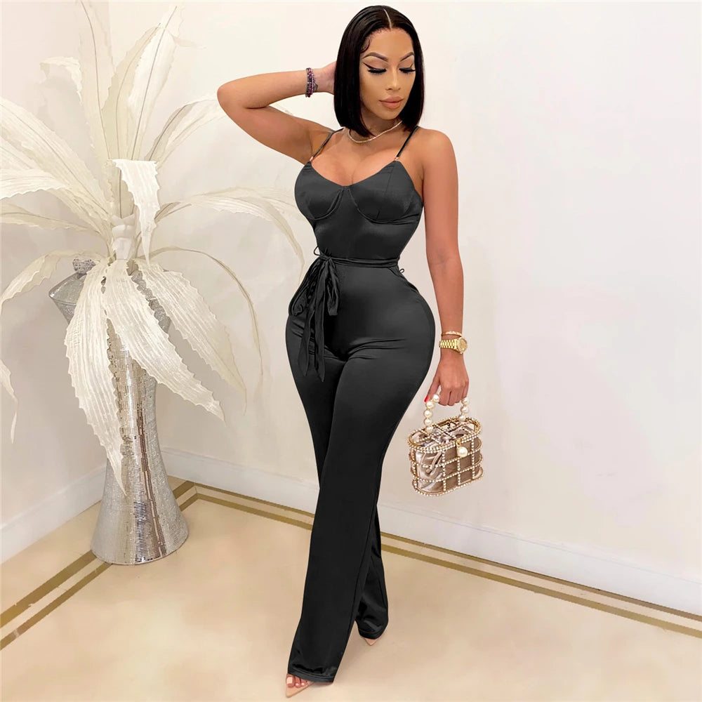 Sexy Sleeveless Jumpsuit Clubwear Elegant Party Rompers High Waisted Wide Leg Pants One-Piece with Belt Milanni Fashion