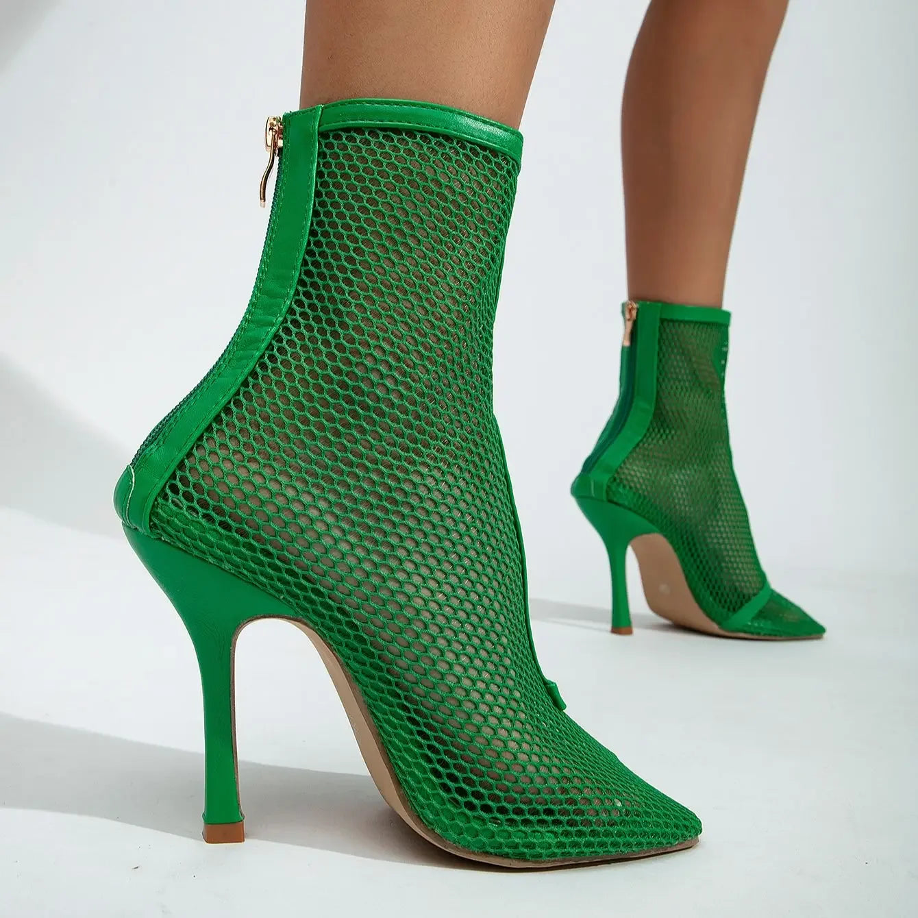 Sexy Mesh Ankle Boots Square Headed Zipper Green High Heel Breathable Party Ball Shoes for Women Milanni Fashion