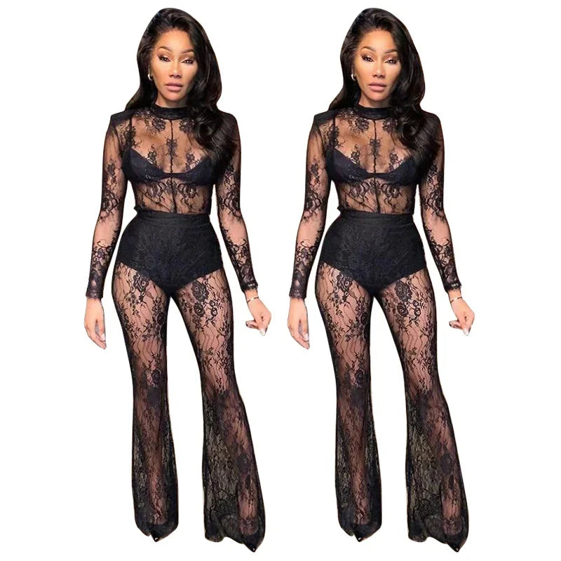 Black Lace Sheer Sexy Night Club Long Sleeve One-Piece Wide Leg Jumpsuit for Women Summer Outfit Milanni Fashion