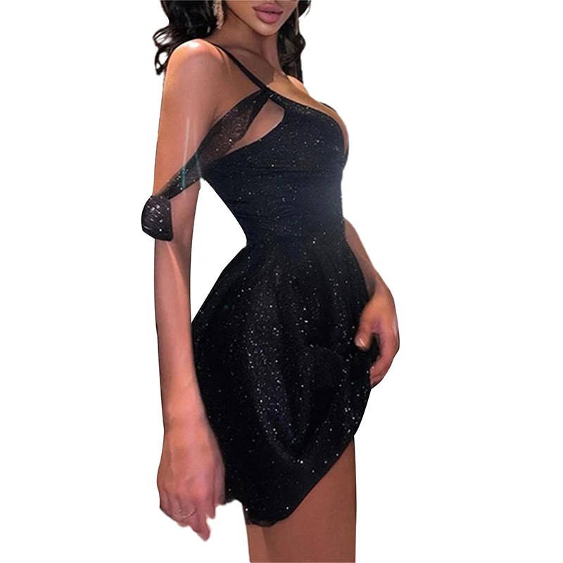 Shiny Off Shoulder Short Dress Solid Spaghetti Strap V-Neck Braces Cocktail Dress  Milanni Fashion   