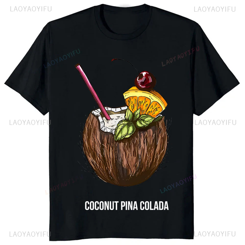 Coconut Pina Colada Printed Graphic T-shirt for Women Casual Y2K Streetwear Anime Cartoon Tee Milanni Fashion Black 4XL