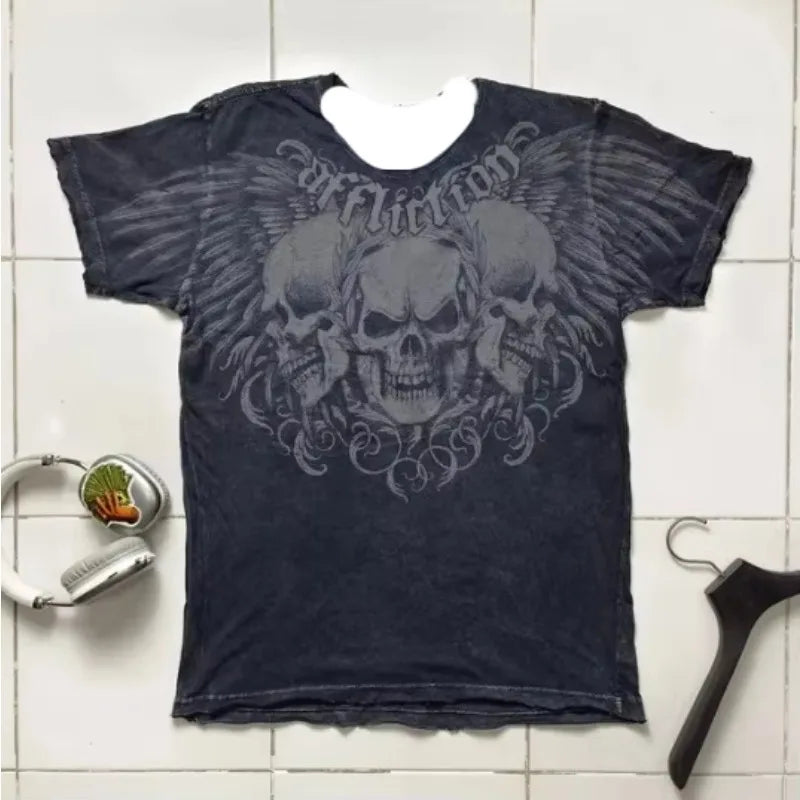 3D Printed American Retro Goth Y2K Affliction Style Tee Gothic Skull Cross Print Graphic T-Shirt for Women Milanni Fashion