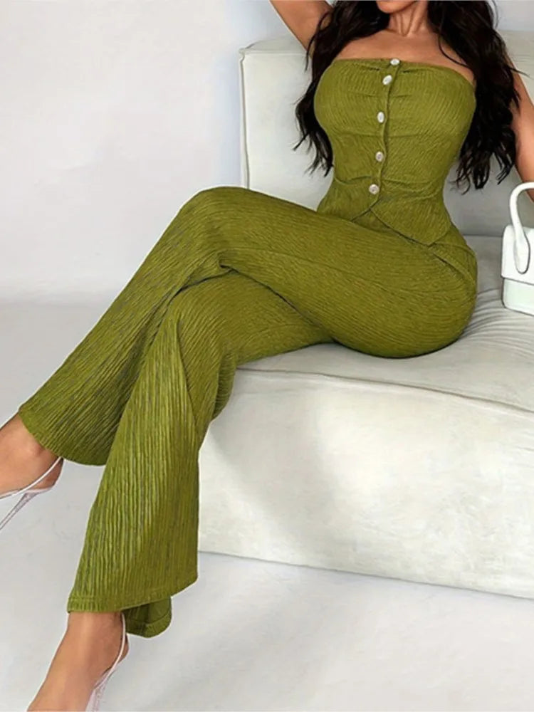 Elastic Button Decoration Tube Top & Trumpet Casual Pant Suit  Milanni Fashion dark green XL 