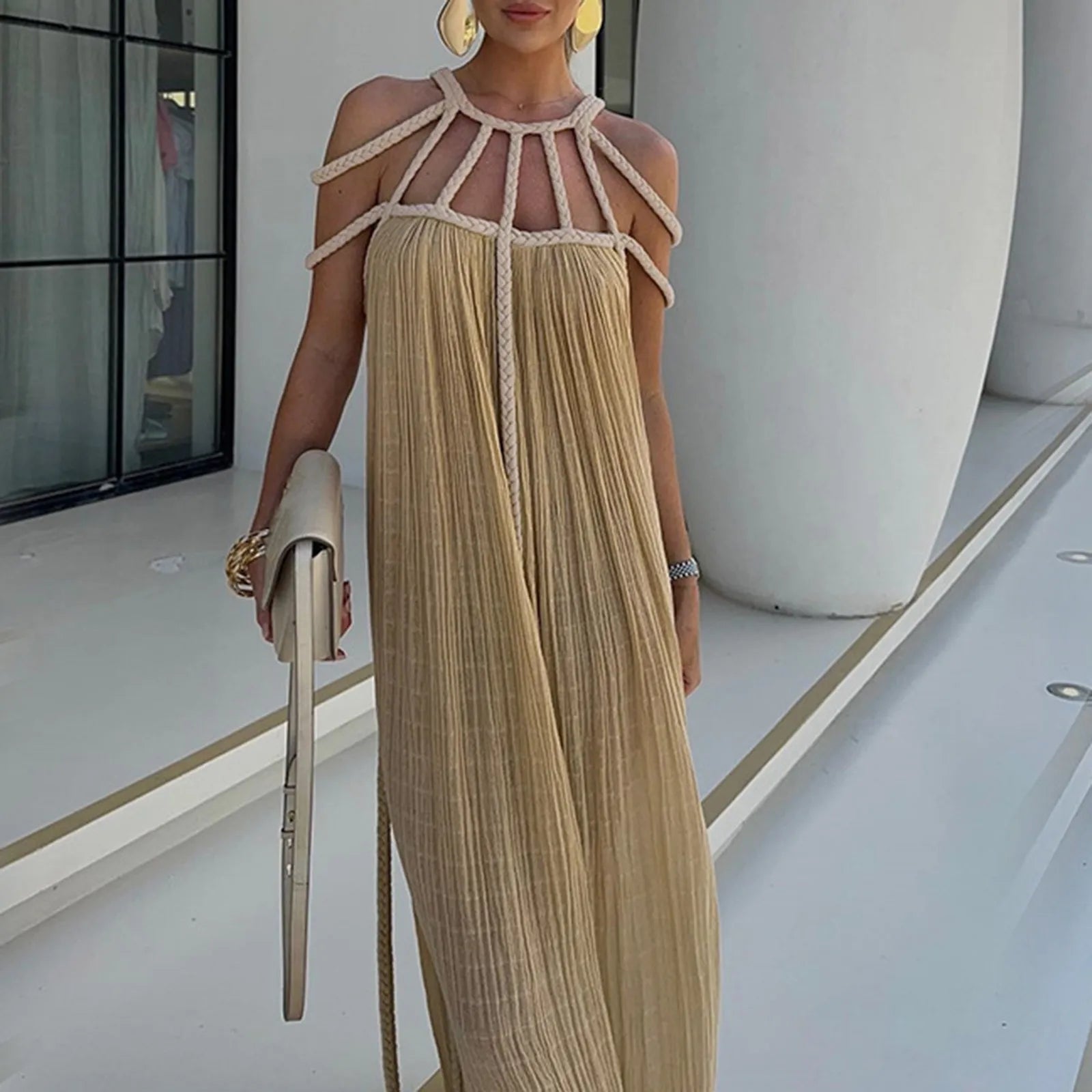 Women Spring Off-Shoulder Elegant Solid Long Dresses Maxi Dress Milanni Fashion Khaki One Size CN