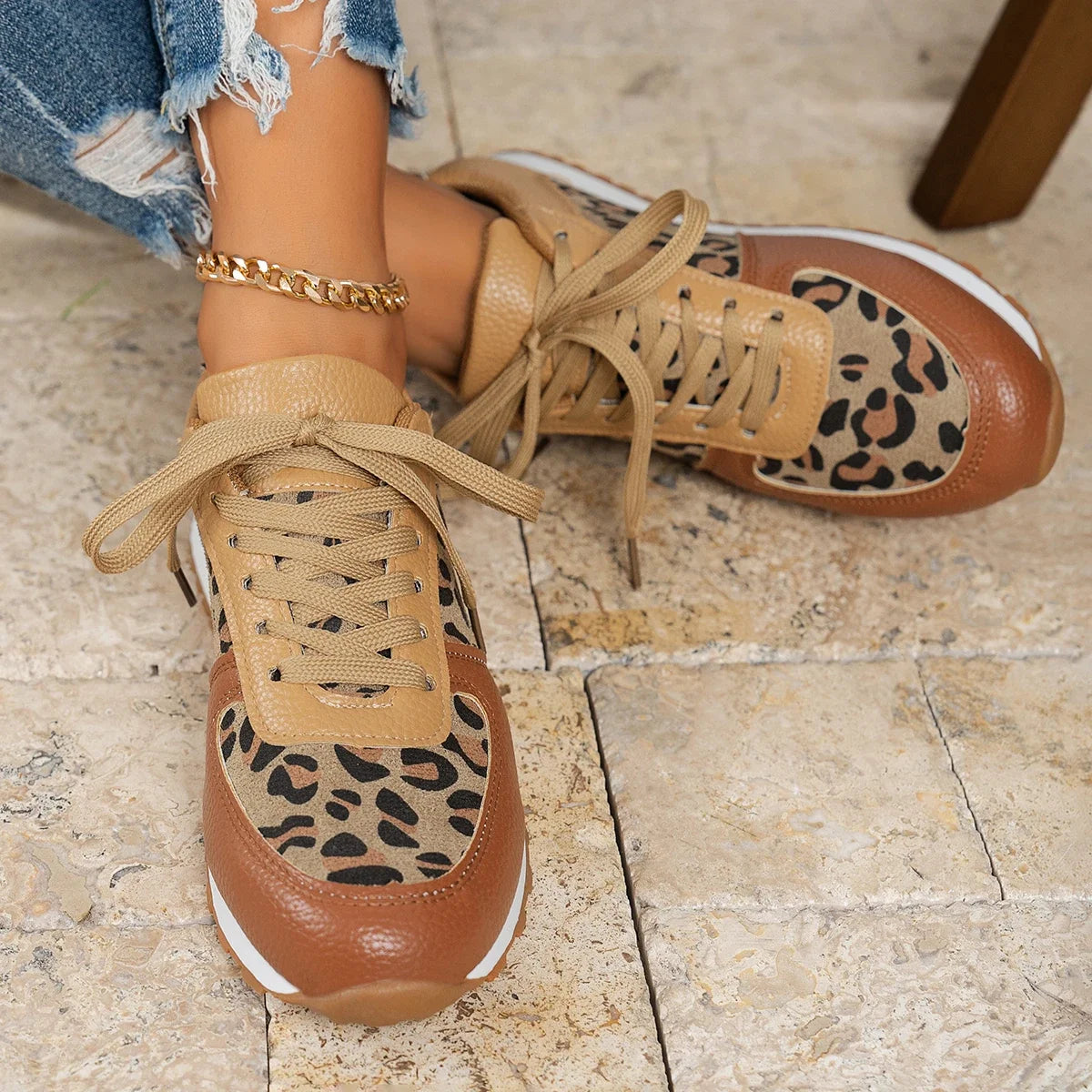 New Round Toe Low-top Leopard Wedge Sneakers Lace Up Sports Casual Shoes for Women Milanni Fashion