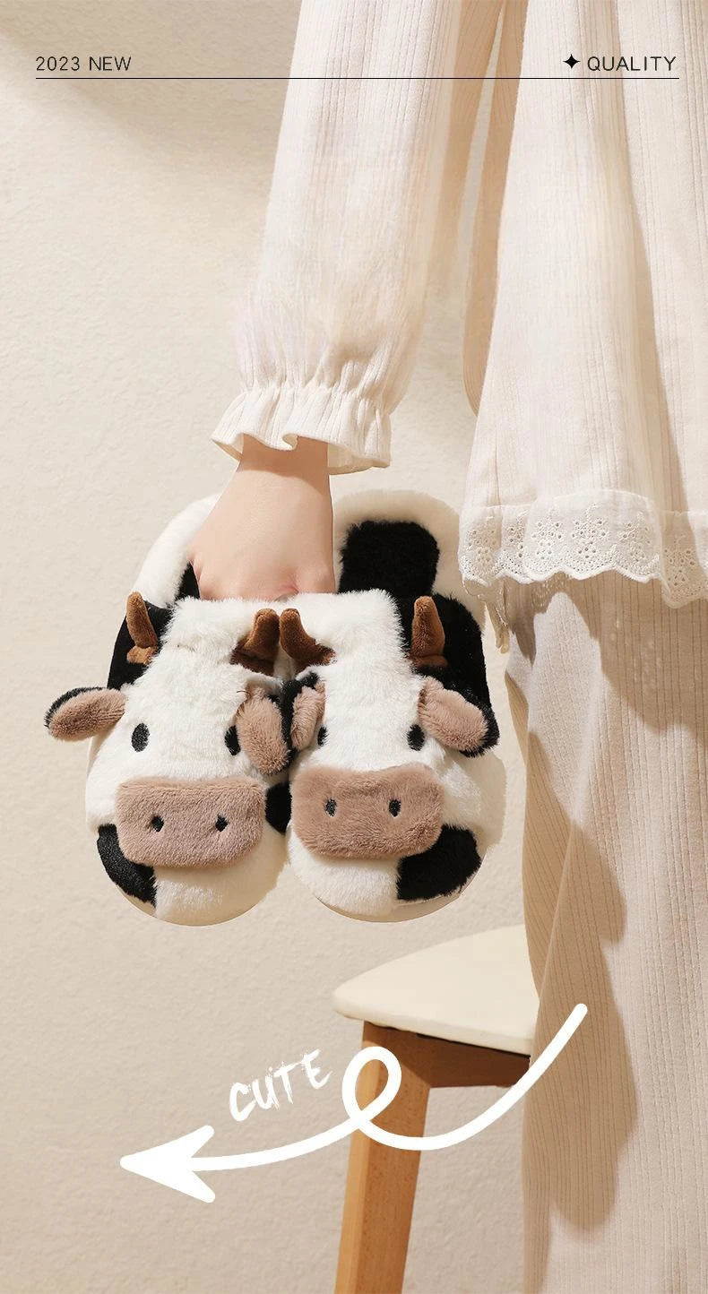 Cute Fluffy Cow Slippers Kawaii Winter Warm Cartoon Milk Cow House Slippers Cozy Footwear for Women Milanni Fashion