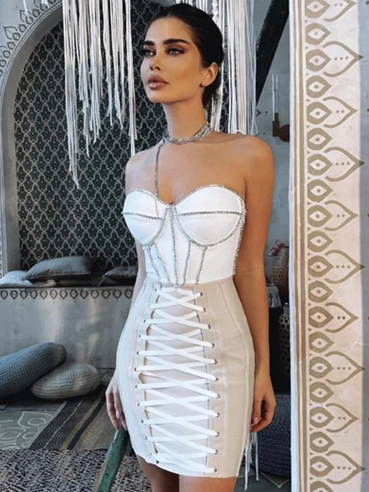 Women Luxury Sexy Strapless Crystal Sparkly Mini Bodycon Bandage Dress Midi Dress Milanni Fashion   