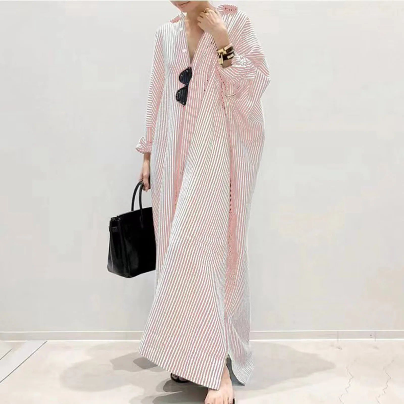 Women Boho Cotton Linen Stripe Print Shirt Dress Oversized Asymmetrical Long Sleeve Maxi Dress Maxi Dress Milanni Fashion   