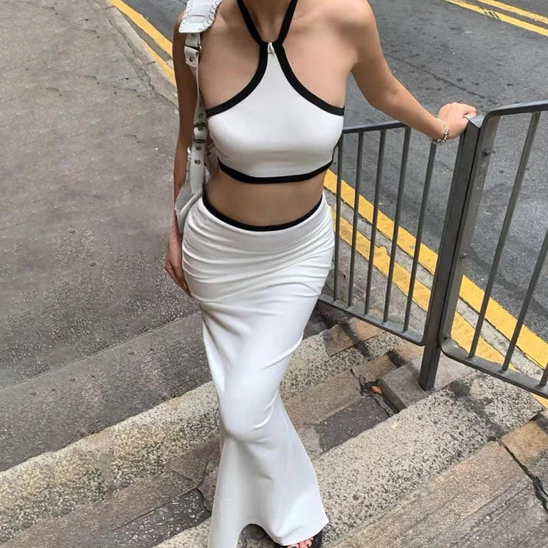 Sexy Sleeveless Halter Slim Crop Top High Waist Skirt Streetwear Partywear Sweet Two-Piece Set two piece set Milanni Fashion White L