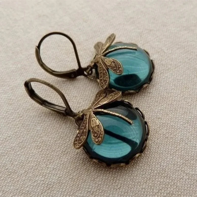 Vintage Bronze Dragonfly Earrings with Moonstone Inlay Elegant Gold Carved Jewelry Milanni Fashion