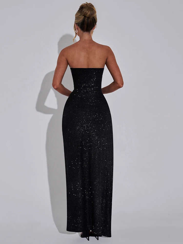 Glitter Bright Silk Sparkling Women Maxi Dress Black Sexy Strapless Evening Dress Maxi Dress Milanni Fashion   