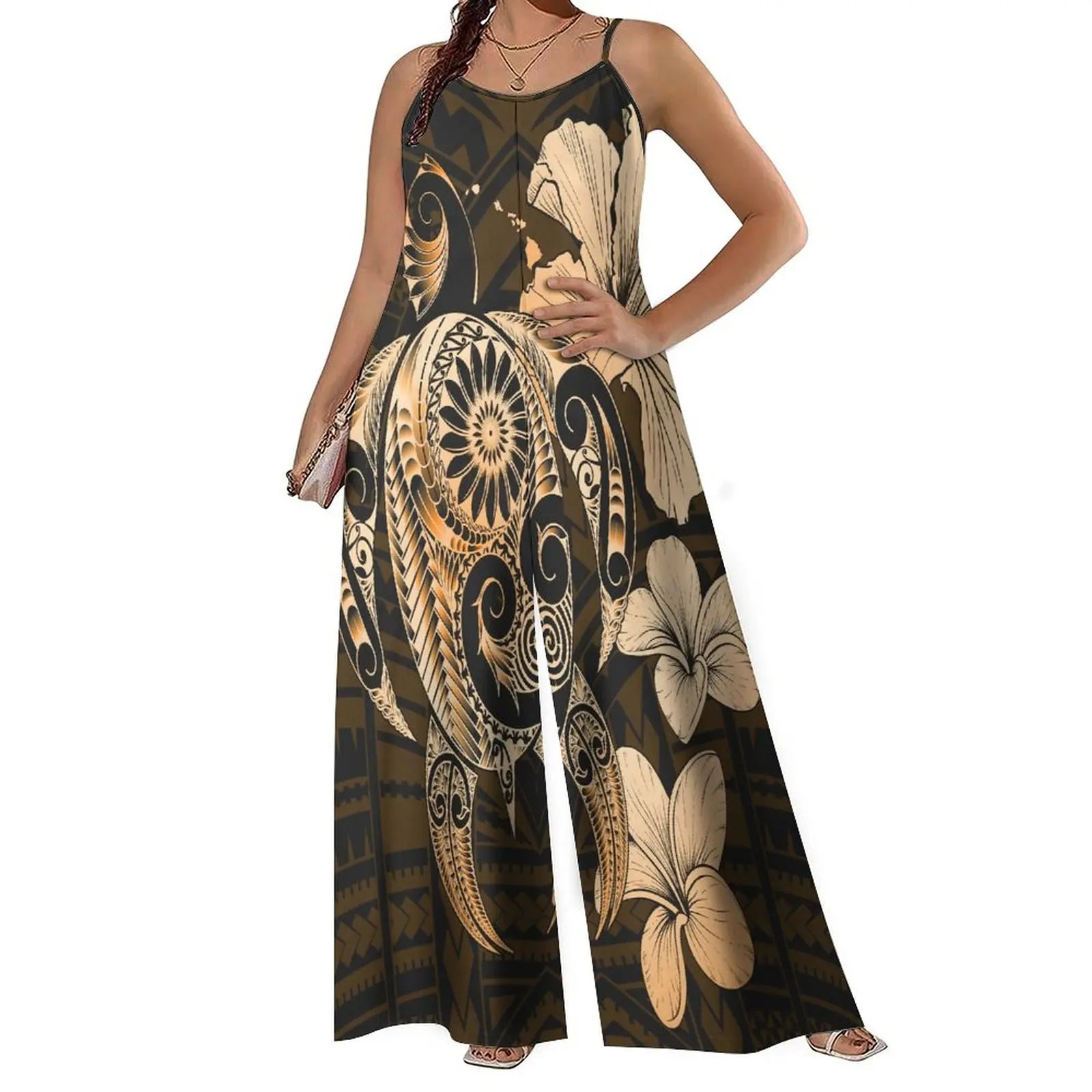 Halter Jumpsuit Wide Leg Loose Waist Pants with Polynesian Print Summer Casual Long Pantsuit for Women Milanni Fashion Skin 5XL