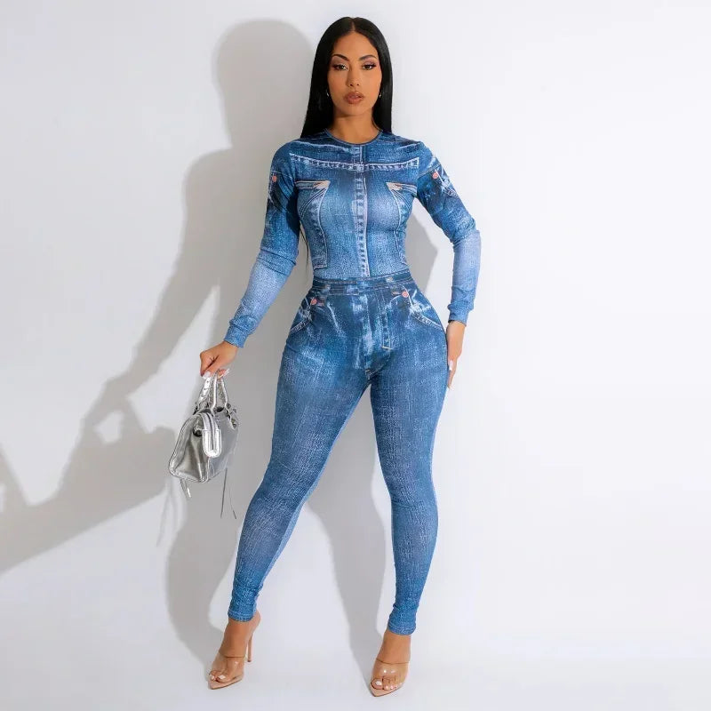 Street Fake Jean 3D Printed Long Sleeve T-shirt and Legging Pants Two Piece Set Stylish Casual Outfit Milanni Fashion Blue S