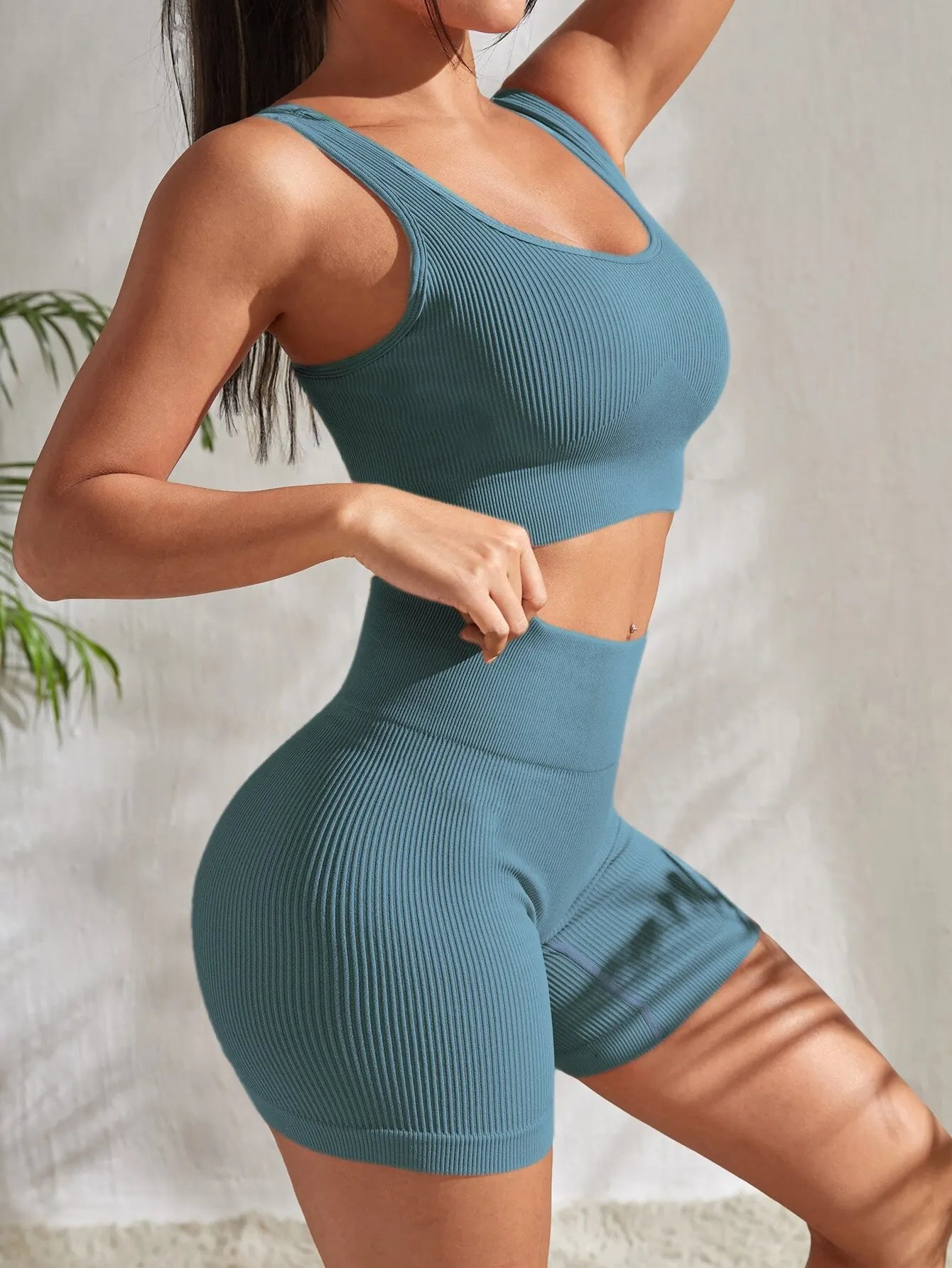 Seamless Ribbed Yoga Set for Women - Ribbed Crop Tank & High Waist Shorts Outfit  Milanni Fashion   