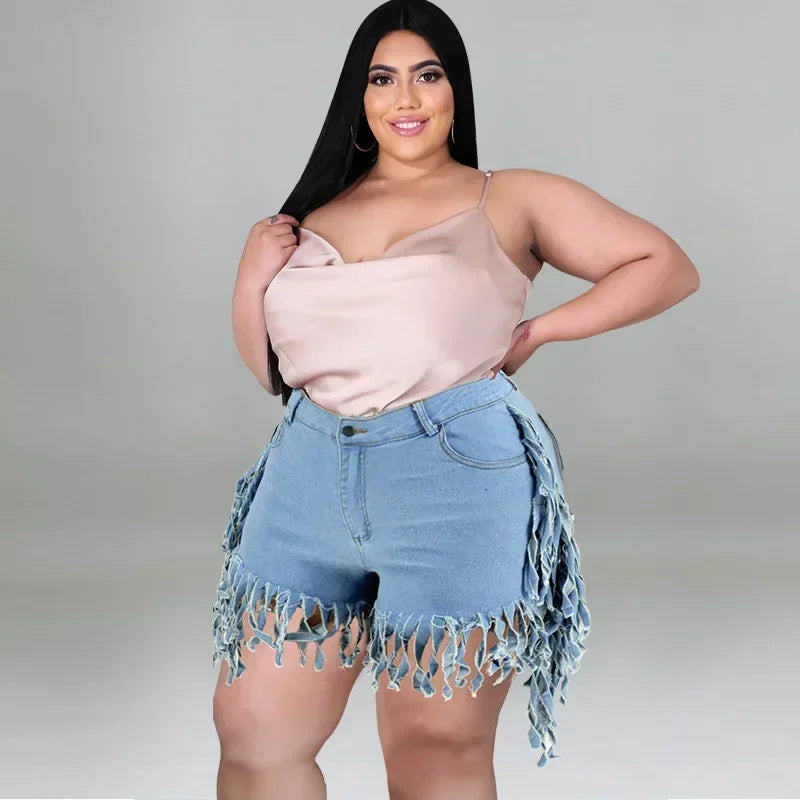 Plus Size Shorts High Waist Denim Shorts with Sexy Tassel Bandage Detail Night Club Sweatpants for Women Milanni Fashion