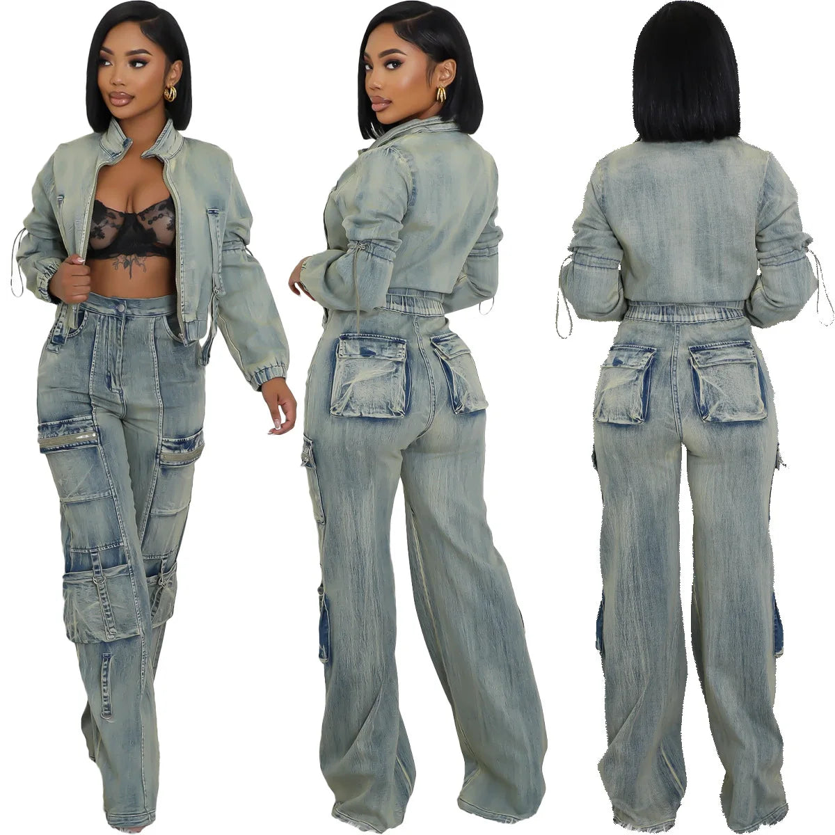 Fashion Stretch Denim Crop Jacket and Pocket Jeans Cargo Pants Casual Denim Two-Piece Suit for Women Milanni Fashion