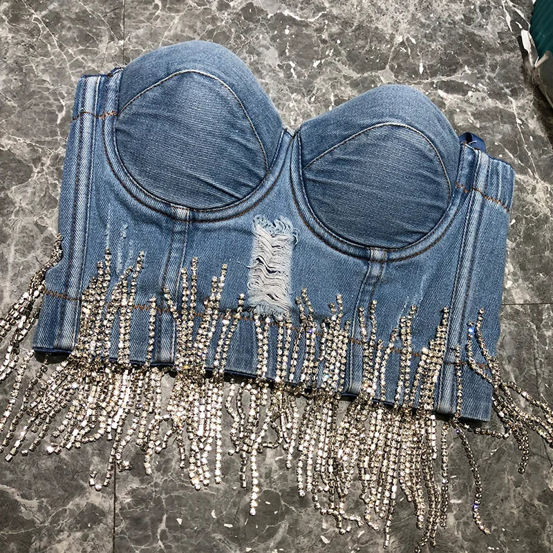 Fashion Diamond Tassel Strapless Bra Denim Vest Shirt Sexy Nightclub Cropped Top  Milanni Fashion   