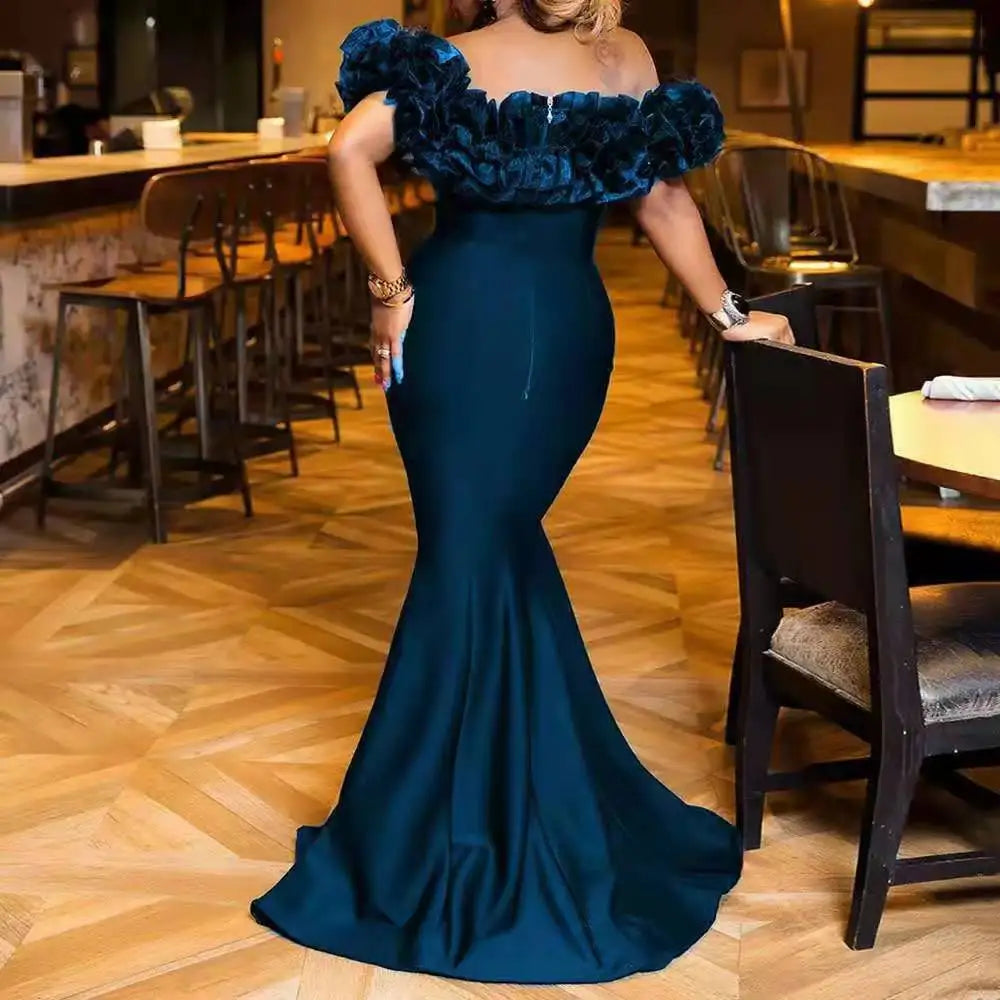 Ruffles Off The Shoulder Slim Fit Mermaid Dress Solid Color Elegant Evening Party Long Dress Maxi Dress Milanni Fashion blue S 