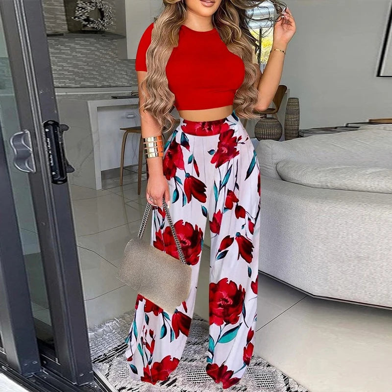 Elegant Print Office Lady Outfit O-Neck Shirt & Wide Leg Pants Women’s Two-Piece Set Milanni Fashion