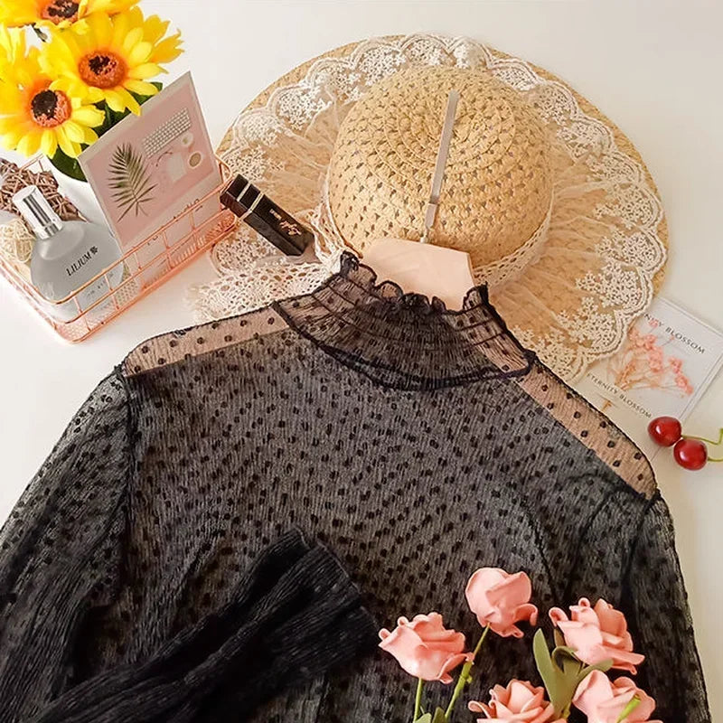 Women's High Collar Mesh Blouse Slim See-Through Lace Top with Flare Sleeves for Summer Milanni Fashion