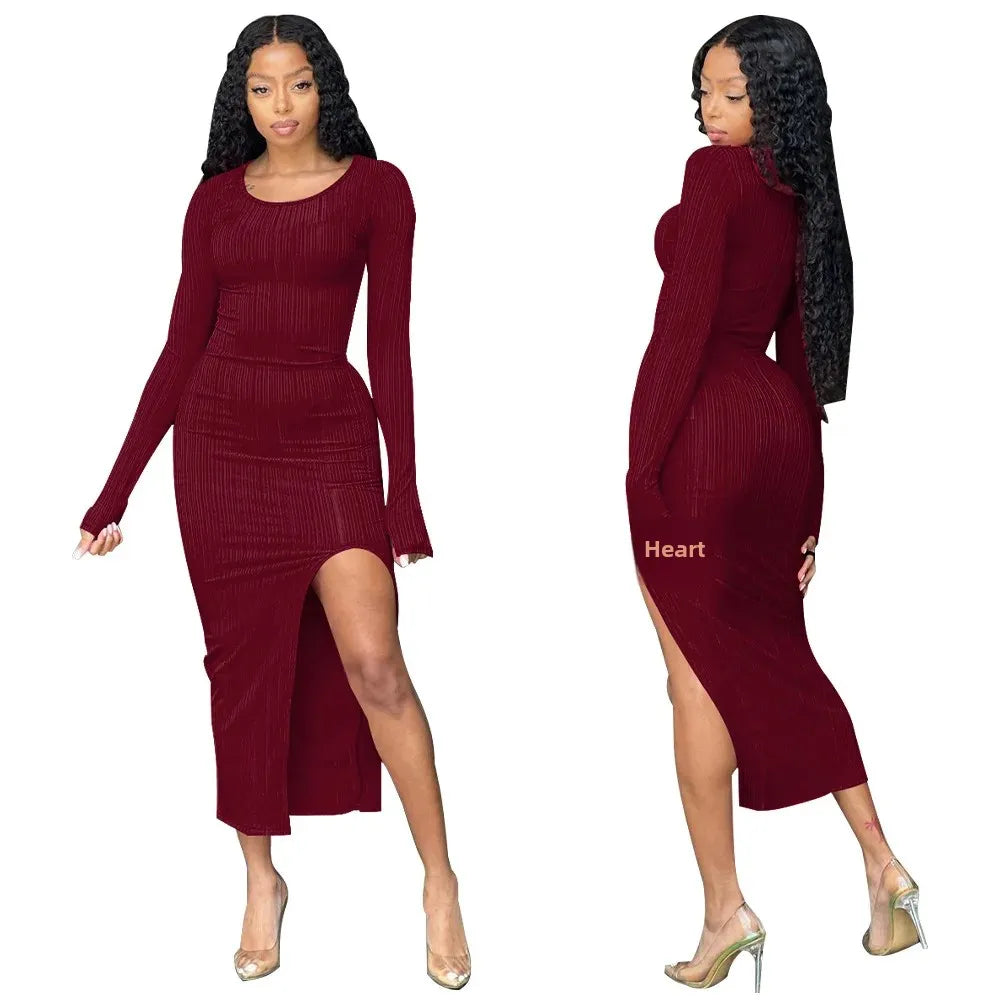 Women's Sexy Side Slit Cross-border Ribbed Round Neck Autumn Dress Midi Dress Milanni Fashion   