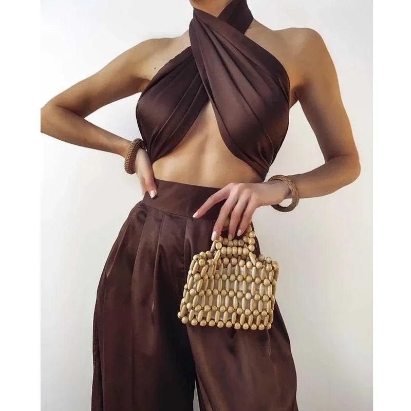 Silk Elastic Strapless Two-Piece Tracksuit for Women - Halter Backless Top & Wide-Leg Pants  Milanni Fashion Coffee S 