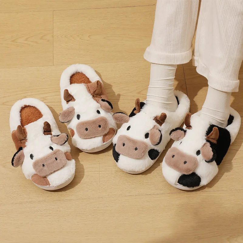 Cute Fluffy Cow Slippers Kawaii Winter Warm Cartoon Milk Cow House Slippers Cozy Footwear for Women Milanni Fashion