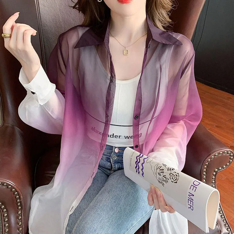 Fashion Gradient Chiffon Shirt Women's Tie-Dye Contrast Sun Protection Summer Blouse Milanni Fashion