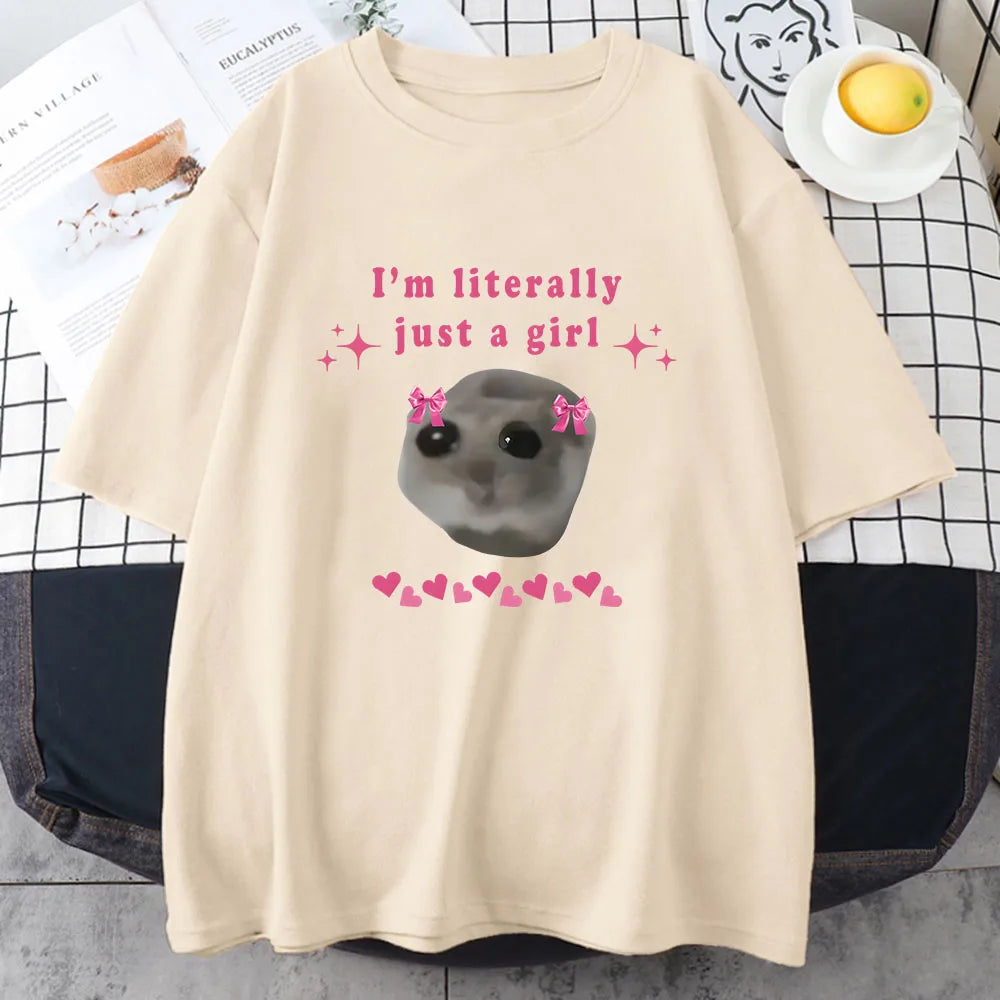 Sad Hamster T-Shirt I'm Just A Girl Letter Printing Cotton Tee for Women Casual Fun Graphic Top Milanni Fashion Khaki XXL