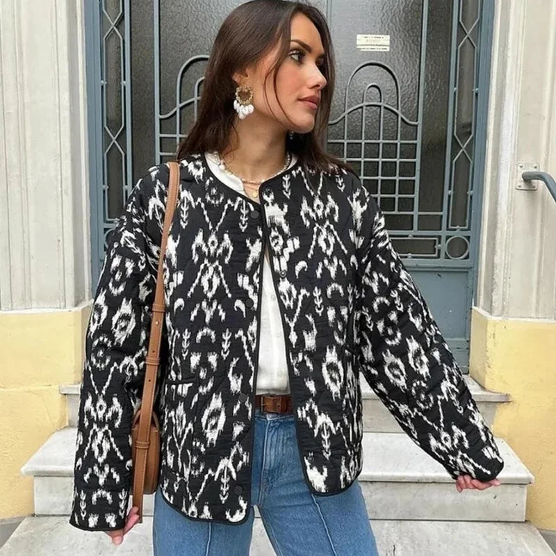 Quilted Padded Jacket Vintage Print Long Sleeve Cropped Coat Autumn Winter Outerwear Milanni Fashion