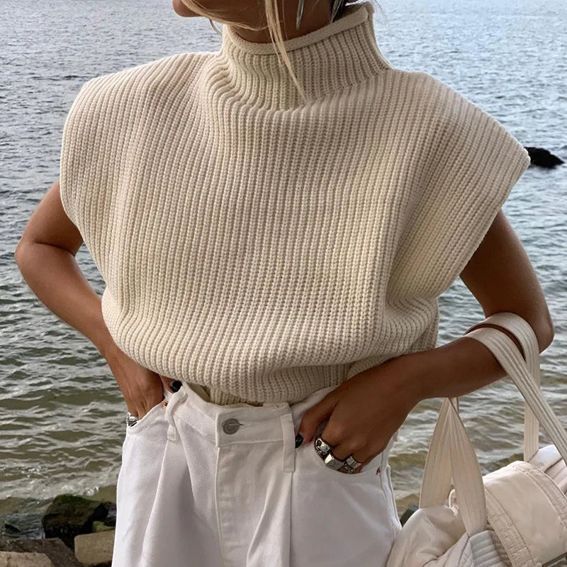 Turtleneck Loose Sweater Vests Women Autumn Sleeveless Solid Knitted Pullover Top  Milanni Fashion   