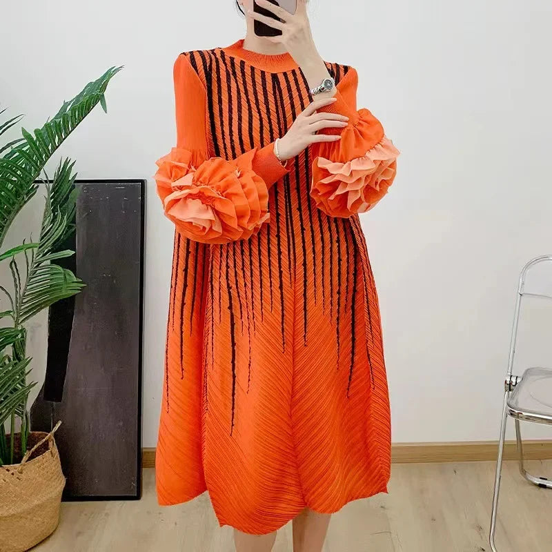 Pleats Pleated Dress Printed Commuter Midi Skirt 2024 Spring and Fall New Collar Hand-shaken Flower Large Size Women's Dress  Milanni Fashion orange One Size 