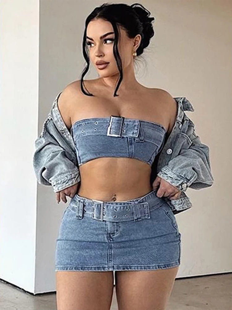 Women Two Piece Set Casual Denim Wrapped Chest+Mini Hip Skirt Matching Outfit  Milanni Fashion   