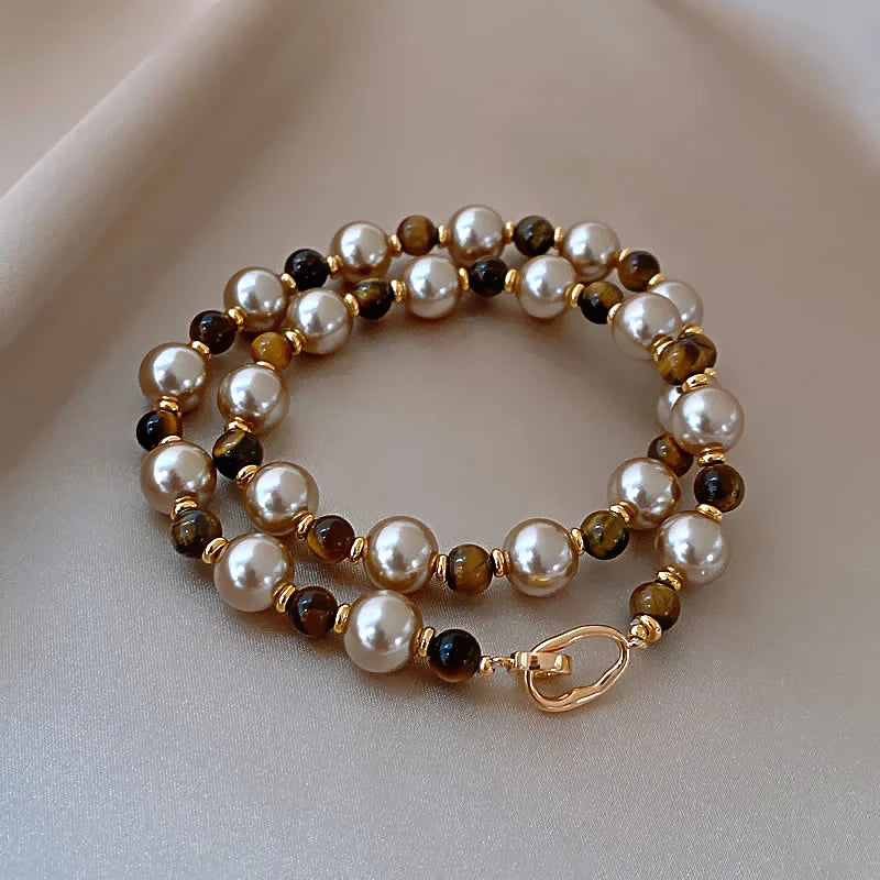 Natural Tiger's Eye & Pearl Bead Necklace for Women Sexy Sweater Chain Pendant Fashion Jewelry Milanni Fashion