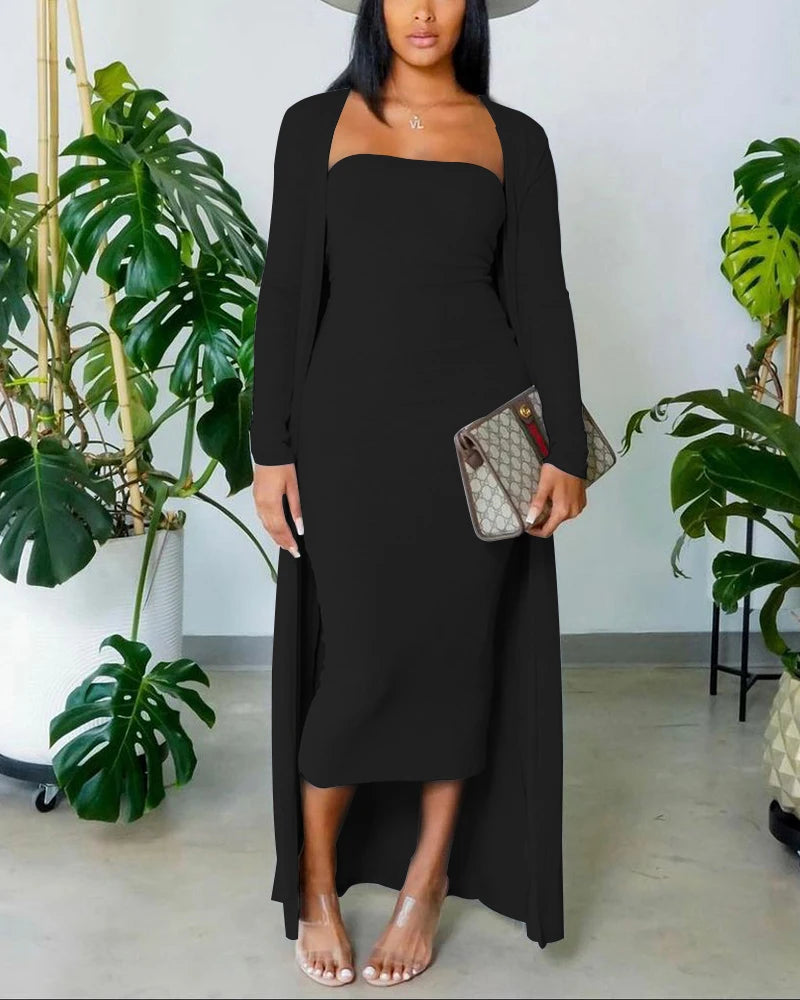 Solid Tube Bodycon Dress & Longline Coat Outfit New Autumn Fashion Women's 2-Piece Set  Milanni Fashion Black XXXL 