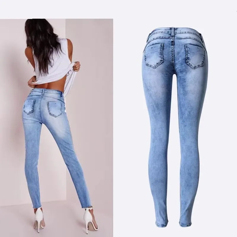 Trendy Style Low Waist Sky Blue Patchwork Skinny Tights Women Pencil Jeans  Milanni Fashion   