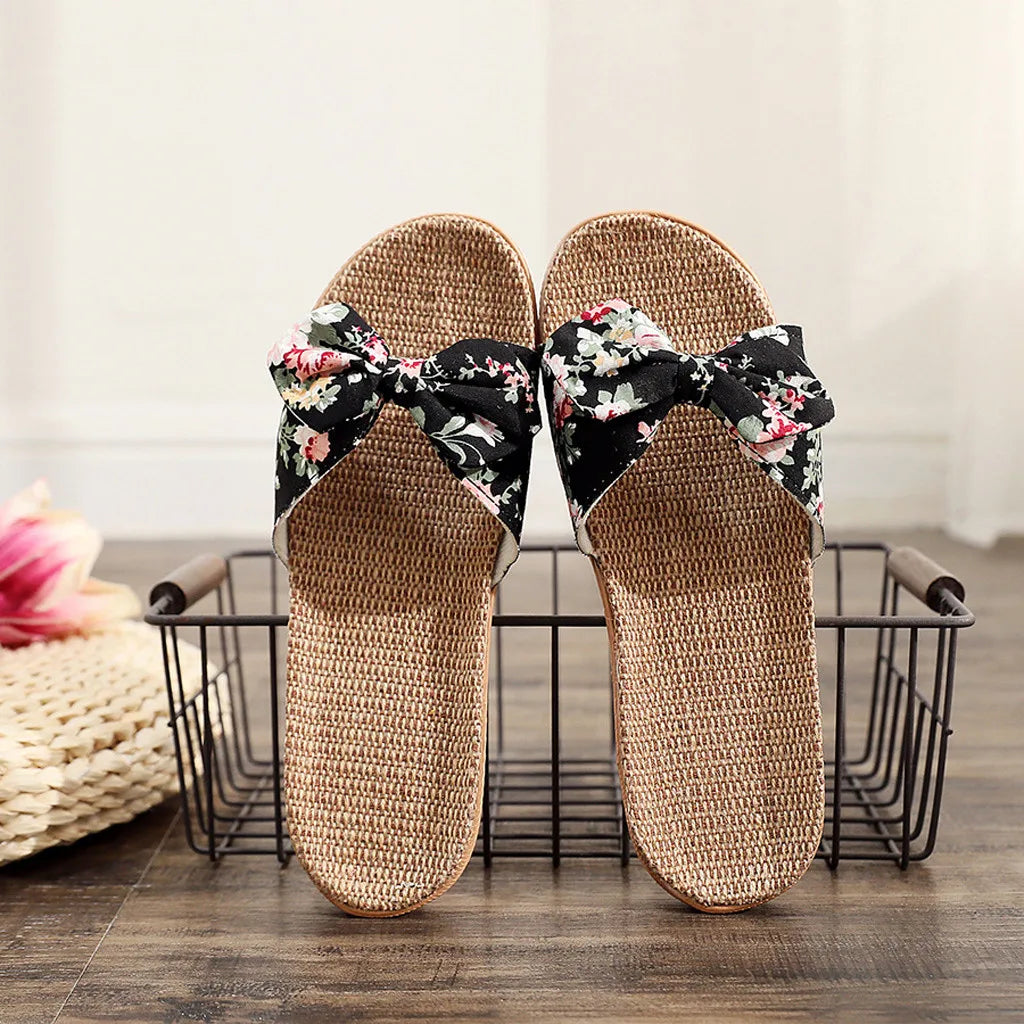 Women Summer Casual Slides Comfortable Flax Slippers Floral Bow Linen Flip Flops  Milanni Fashion   