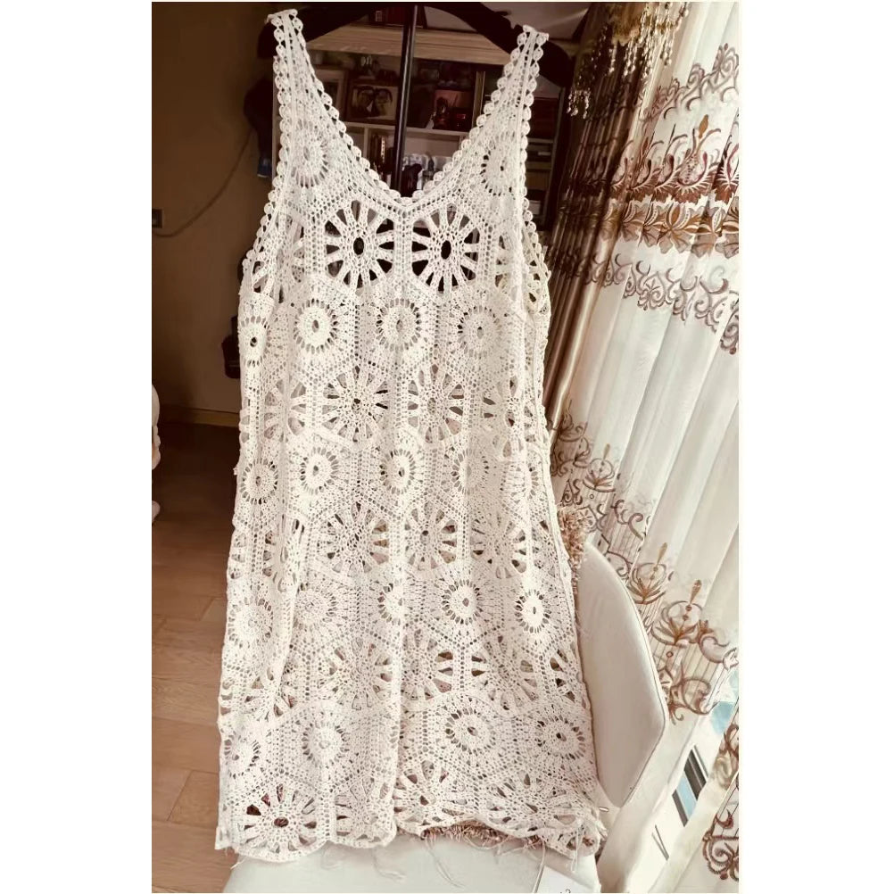 3D Flower Knitted Sling Long Dress Women Sexy Deep V-neck Sleeveless Lace Up Beach Dress  Milanni Fashion   