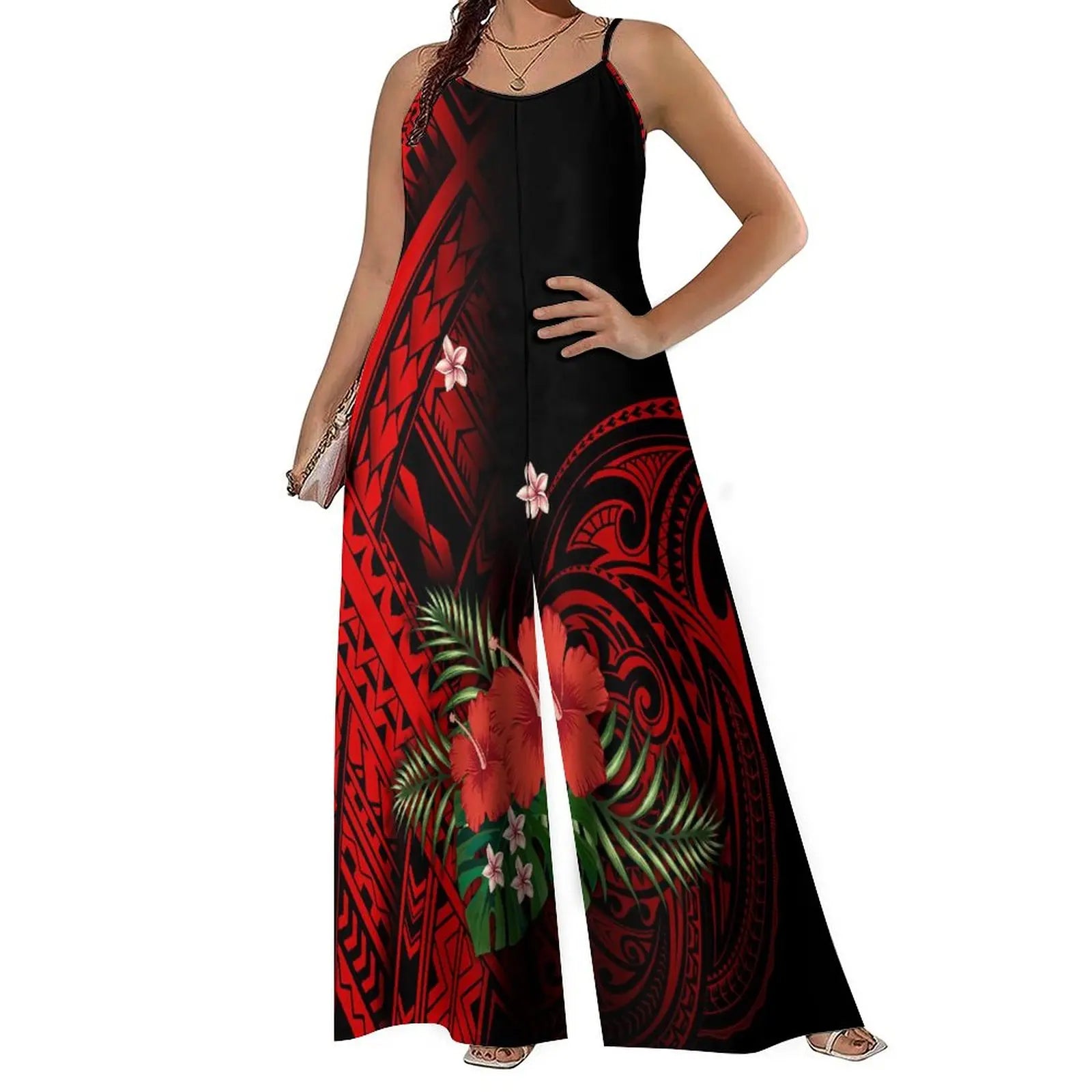 Halter Jumpsuit Wide Leg Loose Waist Pants with Polynesian Print Summer Casual Long Pantsuit for Women Milanni Fashion