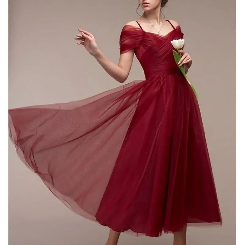 Romantic Off Shoulder Dress Elegant Long Party Wedding Cocktail Bridesmaid Mesh Tulle Midi Prom Dress Milanni Fashion