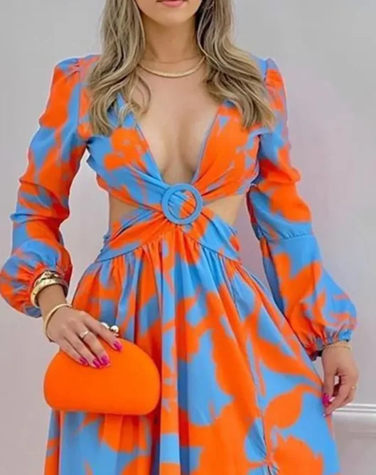 Women Long Sleeved Cutout V-Neck Twist Summer Elegant Tie Dyed Floral Printed Lantern Sleeve Split Thigh Maxi Dress Maxi Dress Milanni Fashion Beige XL 