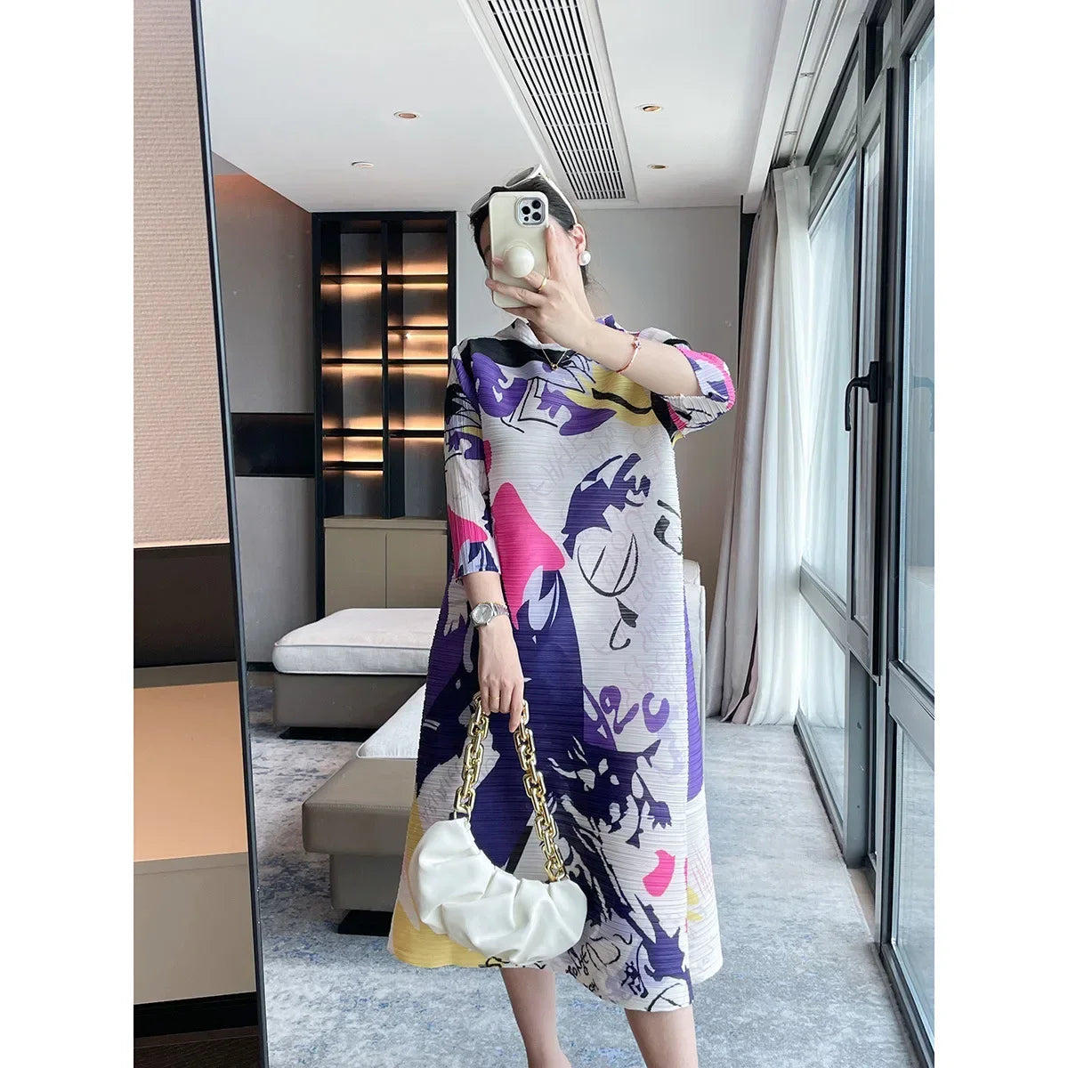 Fall New Senior Sense of Printing Loose Pleated Dress Women Temperament Ageing Thin Dress  Milanni Fashion   