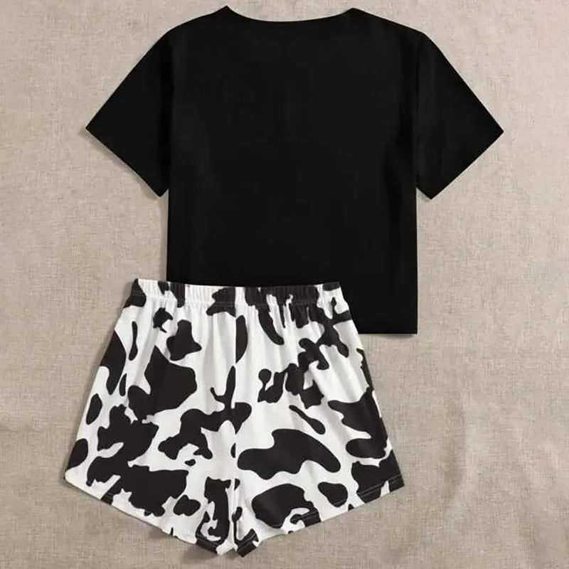 Cartoon Print Faux Cotton O-Neck T-Shirt Top and Shorts Two-Piece Loungewear Comfortable Casual Set Milanni Fashion